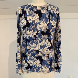 J. McLaughlin 100% Cashmere Blue & Cream Floral Crewneck Sweater